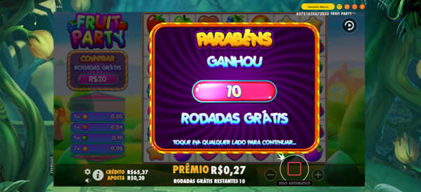 Ativa&ccedil;&atilde;o das rodadas gr&aacute;tis no slot Fruit Party.